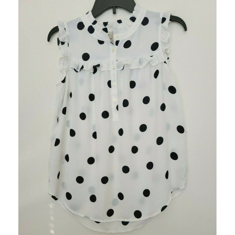 Loft Women's Top Black White Polka Dot Ruffle  Ruffle Neck and Sleeve Size XS